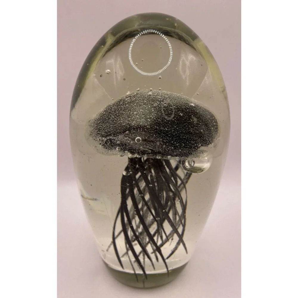 Handcrafted Murano Style Collectible Glass Detailed Jellyfish Paperweight Black